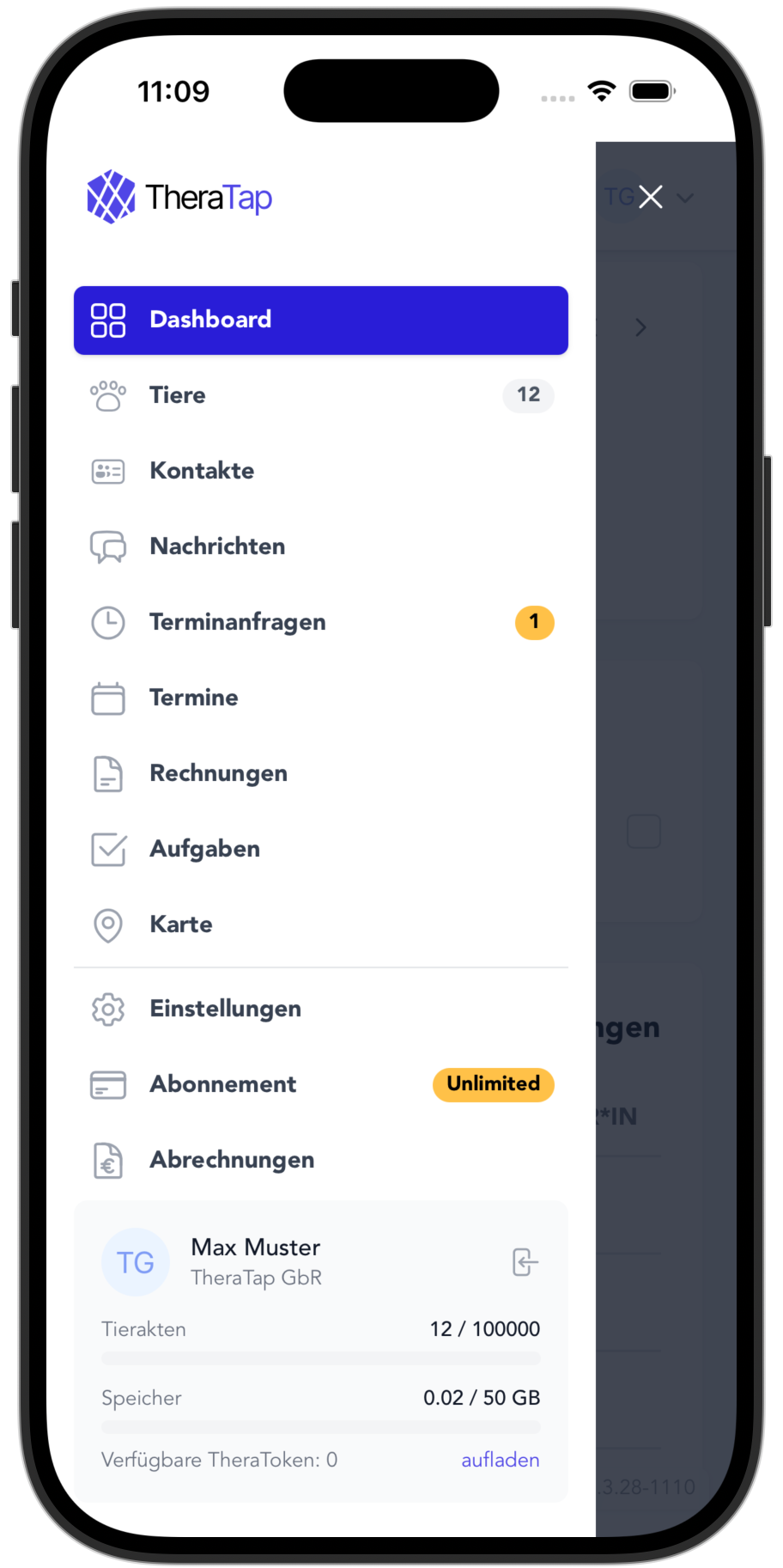 TheraTap-app: sidemenu