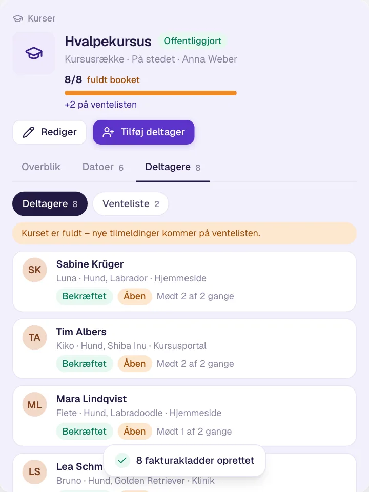 Opret kurset, hold styr på deltagerne