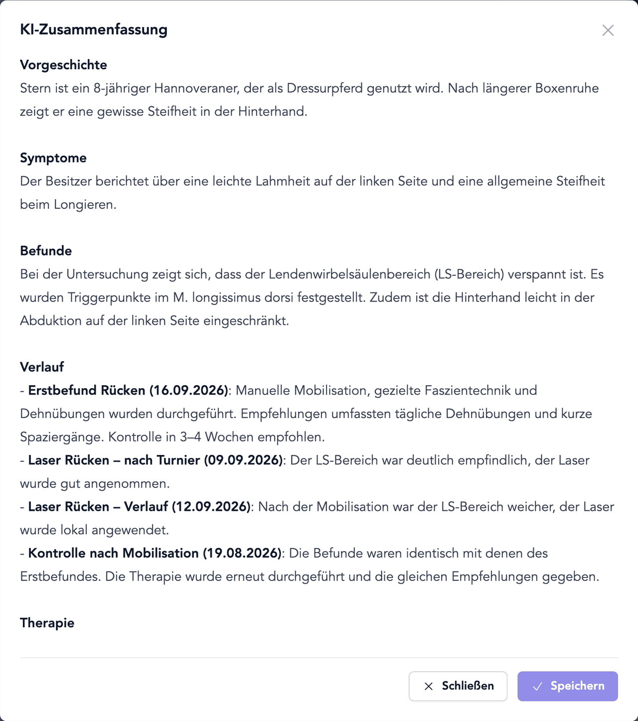 AI-resumé af et dyrs sygehistorie i TheraTap