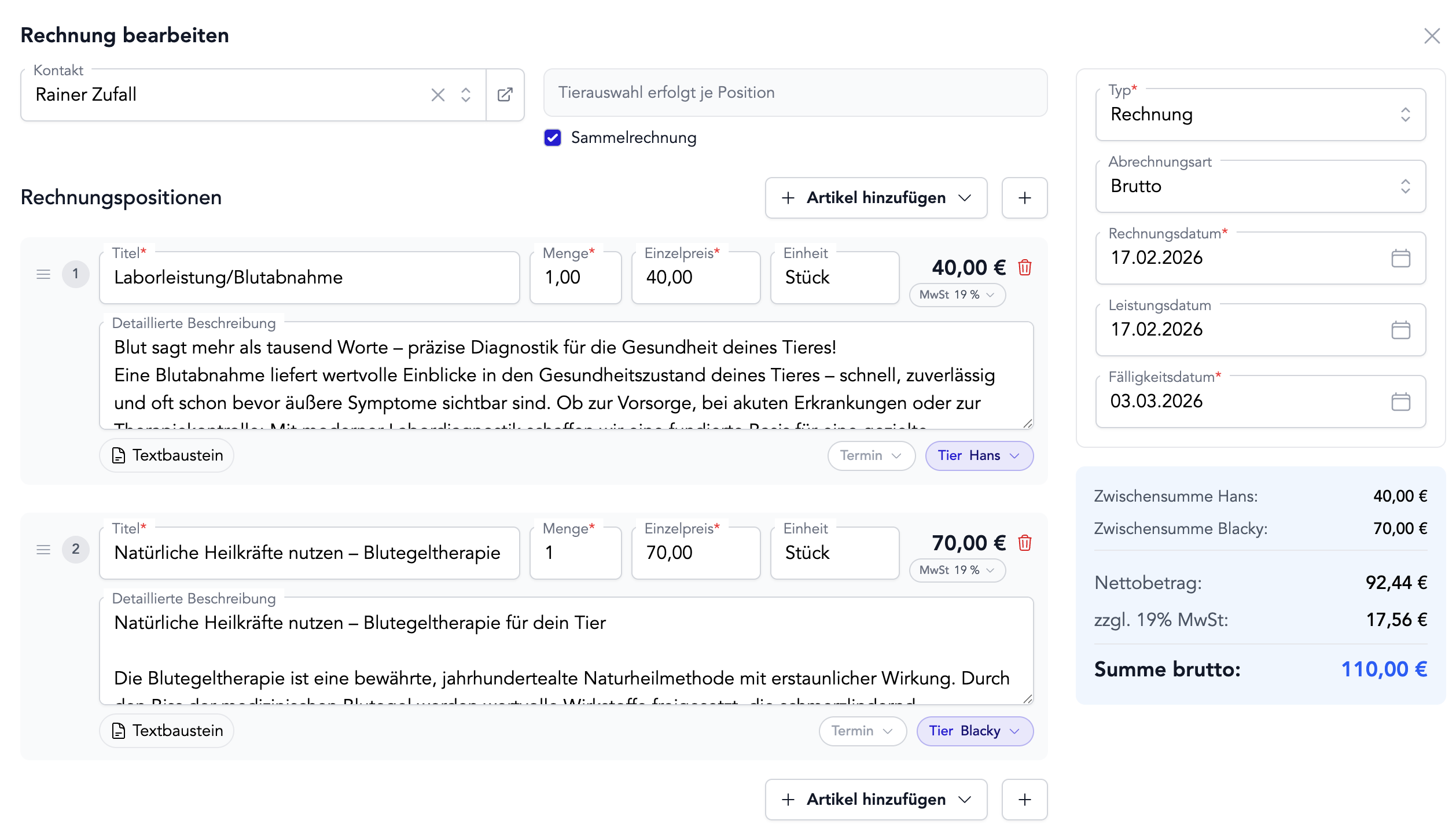 Samlefakturaer for flere dyr hos én kunde