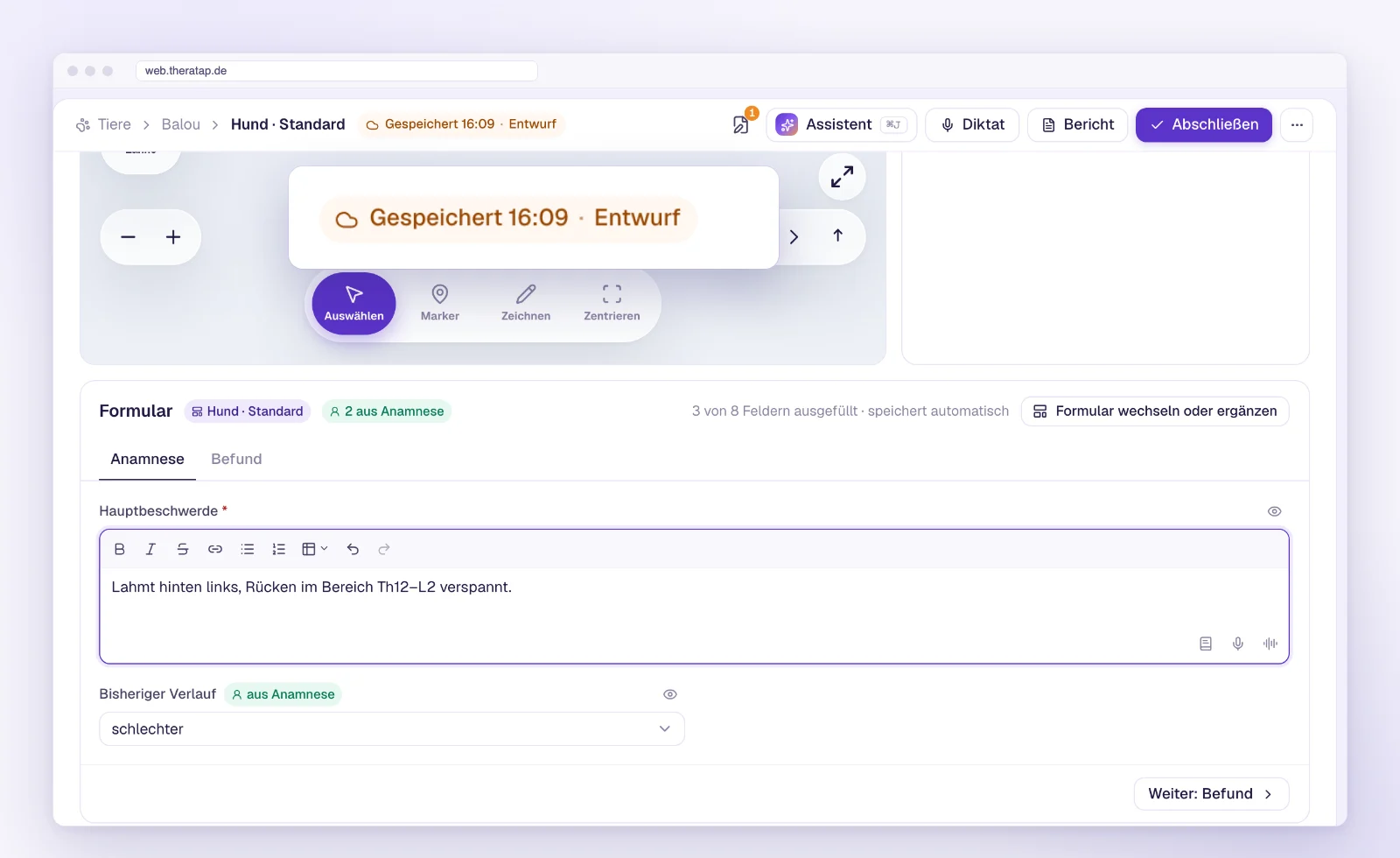 Post med gemmestatus „Gemt · Kladde“ i den nye TheraTap-webapp