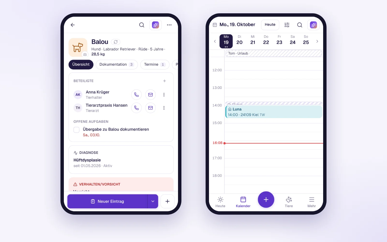 Dyrejournal og kalender i den nye TheraTap-webapp på mobilen
